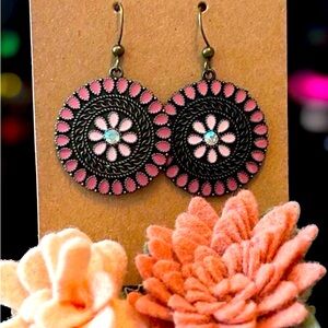 Black and Pink Mandala Earrings with Floral Design